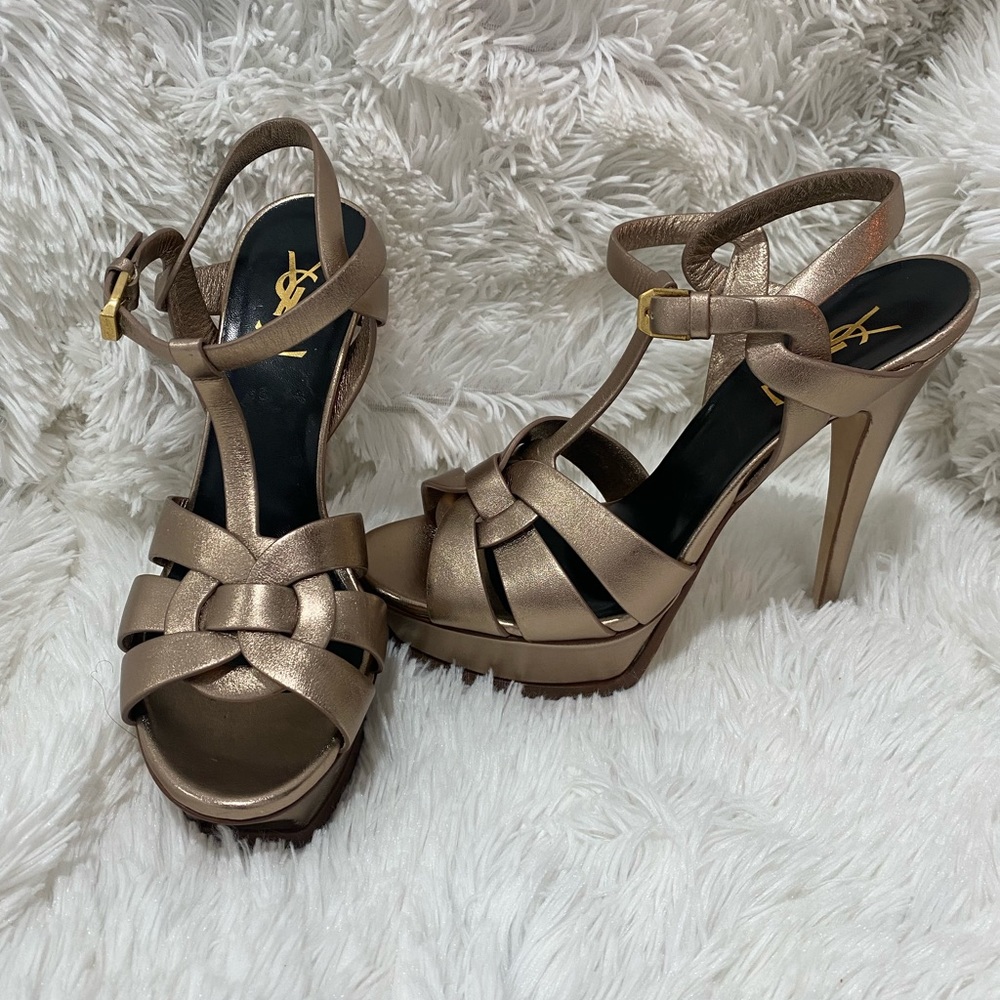 YSL Tribute Blush Metal Platform Sandal Heels